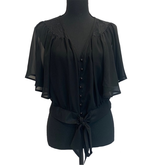 FOREVER 21 black lace chiffon short bell sleeve button front tie waist blouse L - Picture 1 of 12